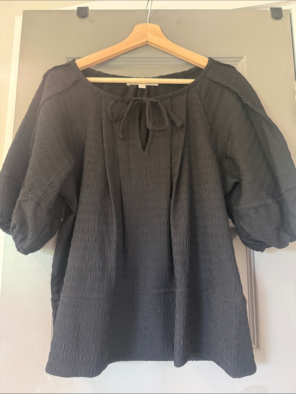 LOFT Black Textured Tie-Neck Peasant Blouse
